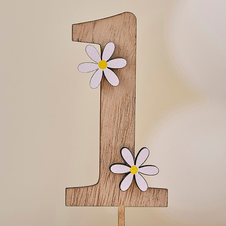 Wooden Daisy First Birthday Cake Topper