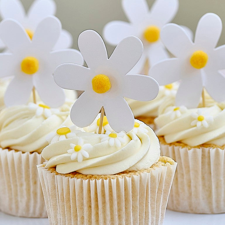 Daisy Cupcake Toppers with Pom Poms - Pack of 12
