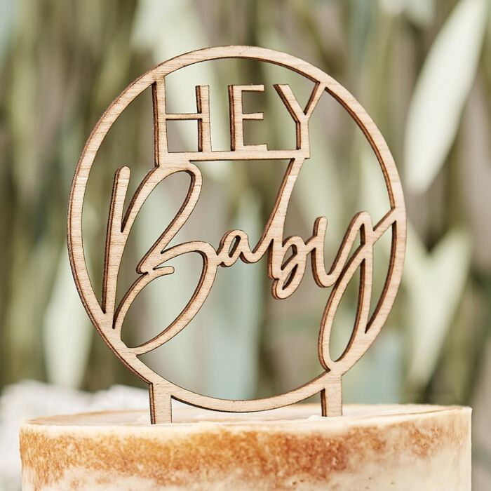 Wooden 'HEY Baby' Cake Topper