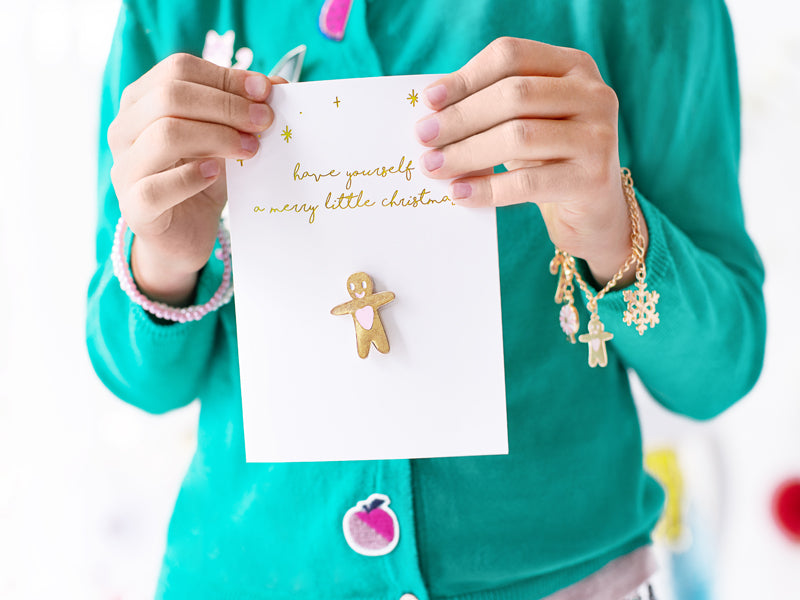 Merry Little Christmas Card with Enamel Gingerbread Man Badge