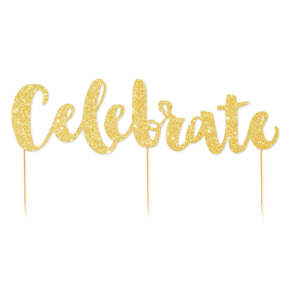 Gold Glitter 'Celebrate' Cake Toppers