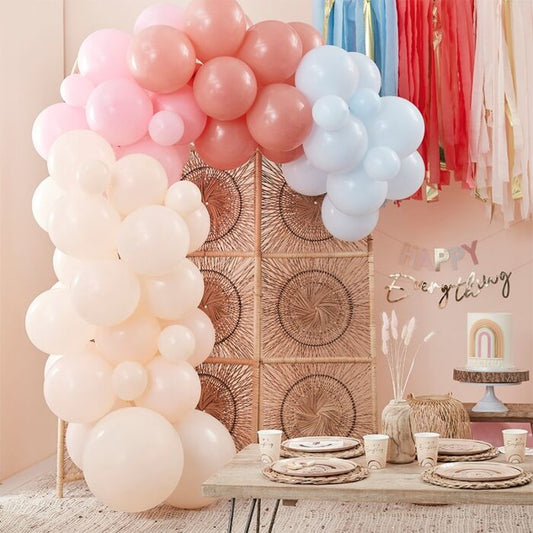 Red & Pink Balloon Arch Party Backdrop with Streamers and Paper Heart  Decorations