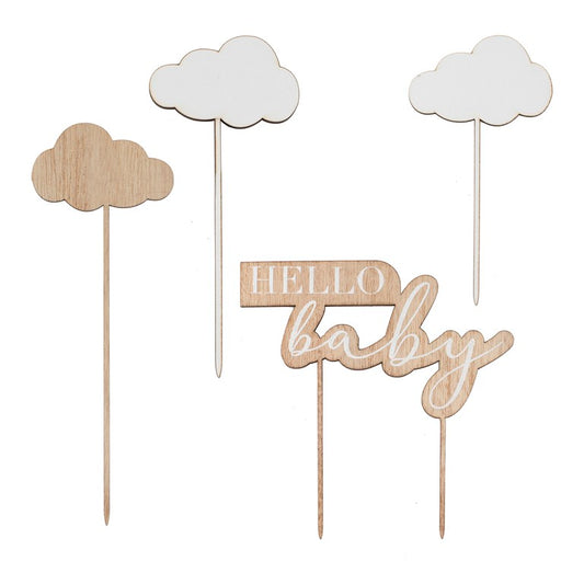 Wooden Hello Baby and Clouds Baby Shower Cake Topper Set