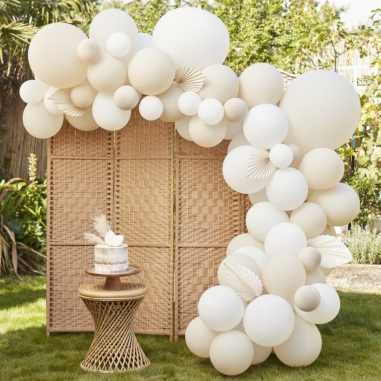 Boho Nude & White Balloon Arch with Paper Fans