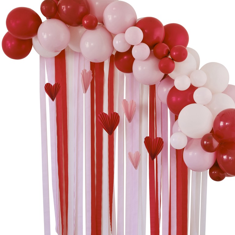 Red & Pink Balloon Arch Party Backdrop with Streamers and Paper Heart Decorations